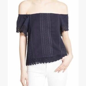 Alice + Olivia Jules Off the Shoulder Navy Top Size Medium